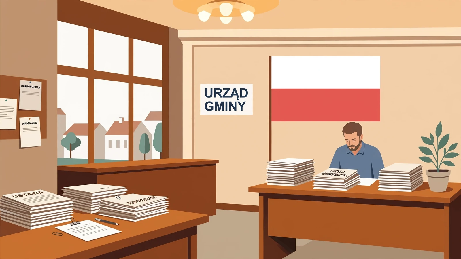Wnętrze polskiego urzędu z biurkami i dokumentami regulacyjnymi