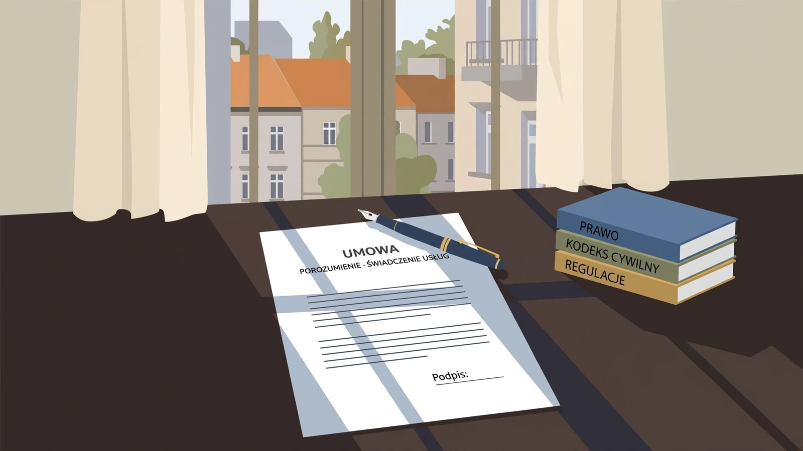 Dokument prawny z piórem na biurku w cichym gabinecie